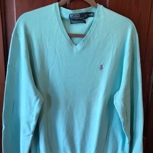 Polo Ralph Lauren Men’s Light Aqua Blue V-Neck Pima Cotton Sweater